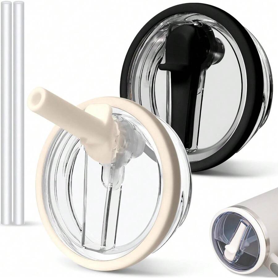 2 PCS 40oz Spill Proof Tumbler Flip Straw Lid For Cup, Leak Proof Tumbler Lid Replacement Fit For  , Reusable Tumbler Cover 40oz Cup Accessories - cream+black - 查看 1
