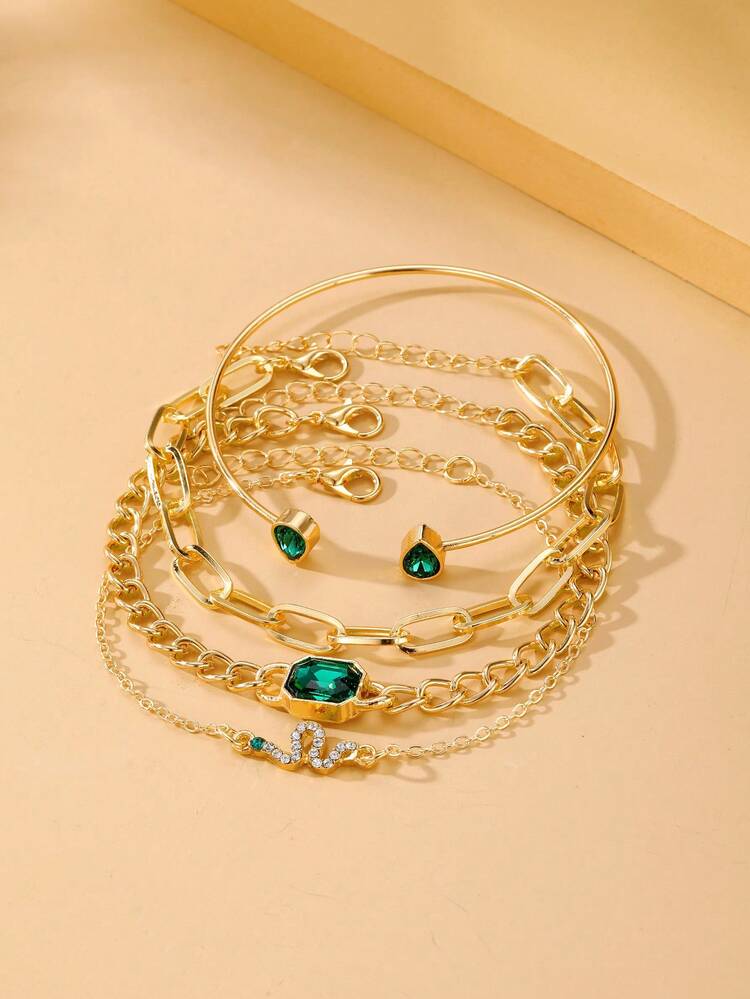 4pcs/Set Emerald & Square Rhinestone Embedded Snake Chain Bracelet Set, Women Bracelet Set, Suitable For Daily Wear - Gold - View 3