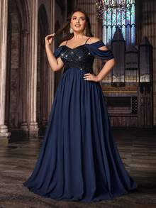 QOQ 大码女式藏蓝色正式礼服，优雅晚礼服，适合盛大晚宴、正式活动、生日派对，亮片无肩带雪纺长裙 - 藏蓝色 - 查看 4