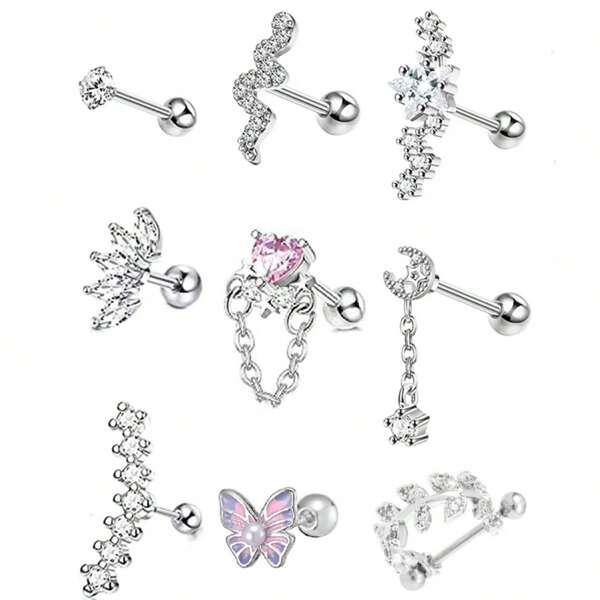 9-Piece Set Of Elegant And Cute Silver Earrings For Women - Anti-Allergy Stainless Steel, Decorated With Shiny Cubic Zirconia, Suitable For Daily Wear, Birthday Parties, Simple And Small Earrings