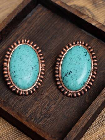 1 Pair Vintage Western-Style Antique Copper Beaded Faux Turquoise Jewelry Earrings, Suitable For Women's Daily Wear