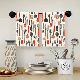 Juego de 2 piezas de toallas de cocina con diseños de grafiti de cubiertos de colores brillantes, que miden 40 x 60 centímetros, con diseños creativos de cuchara y tenedor, adecuados para el uso moderno de la cocina. Estos paños de poliéster para hornear y lavar platos son tanto paños prácticos para lavar platos como decoraciones interesantes de cocina.