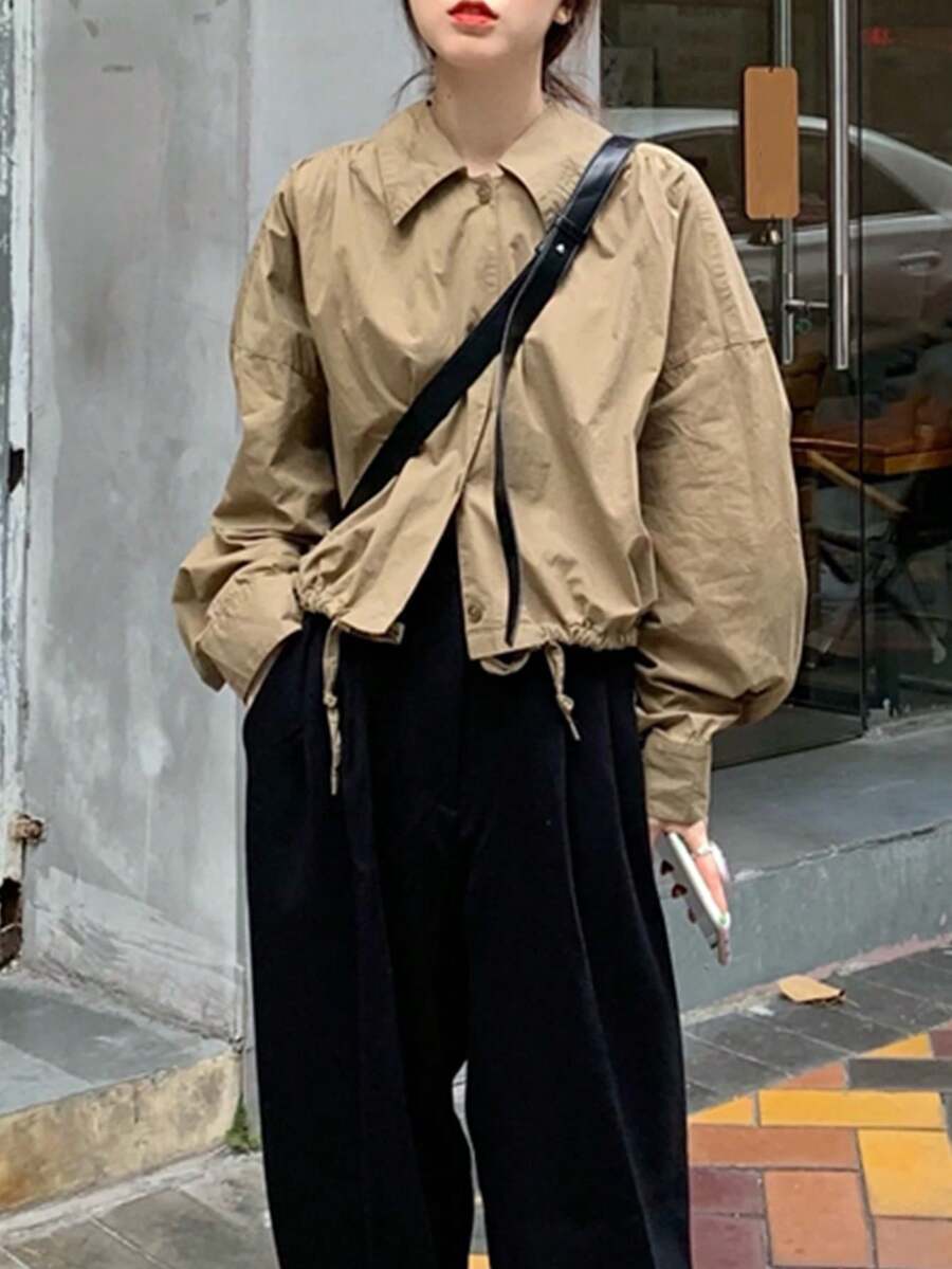 女式纯色落肩宽松休闲长袖单排扣衬衫 - 卡其色 - 查看 1
