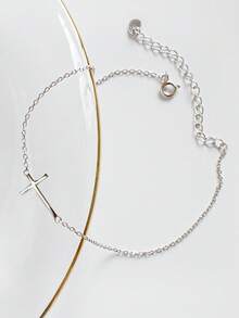 1 件女士 925 纯银简约十字架脚链，防过敏，经典款式，简约设计，休闲珠宝 - 白金 - 查看 4