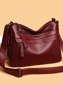 Multi-Pocket Large Capacity Diagonal Shoulder Bag, Quilted Woven Texture Shoulder Bag For Mothers - Red - View 2