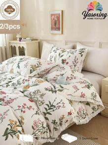 2 ou 3 pièces Ensemble de couette à motif d'imprimé de feuilles vertes et de fleurs roses avec bordure à volants 100% coton, respirant, ultra doux, toutes saisons (1 pièce*Couette + 1 ou 2 pièces*Taie d'oreiller, sans oreiller), design bicolore doux pour chambre à coucher et chambre d'amis, Saint-Valentin, poids léger, tailles lit King, Queen, Full, Twin