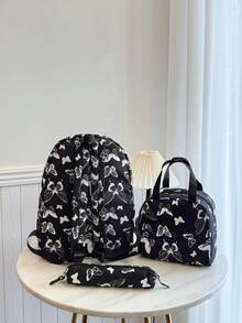 3pcs/Set Butterfly Print Women Backpack, Lunch Bag & Student Schoolbag, Large Capacity - Black and White - View 3