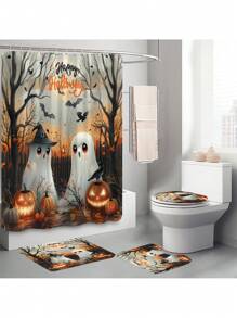 [Cadeau d'Halloween] 1 pièce/4 pièces Ensemble de décoration de rideau de douche d'Halloween | Beau cadeau moderne pour la maison avec 12 crochets de rideau de douche et 3 pièces de tapis de sol de toilette Rentrée des classes