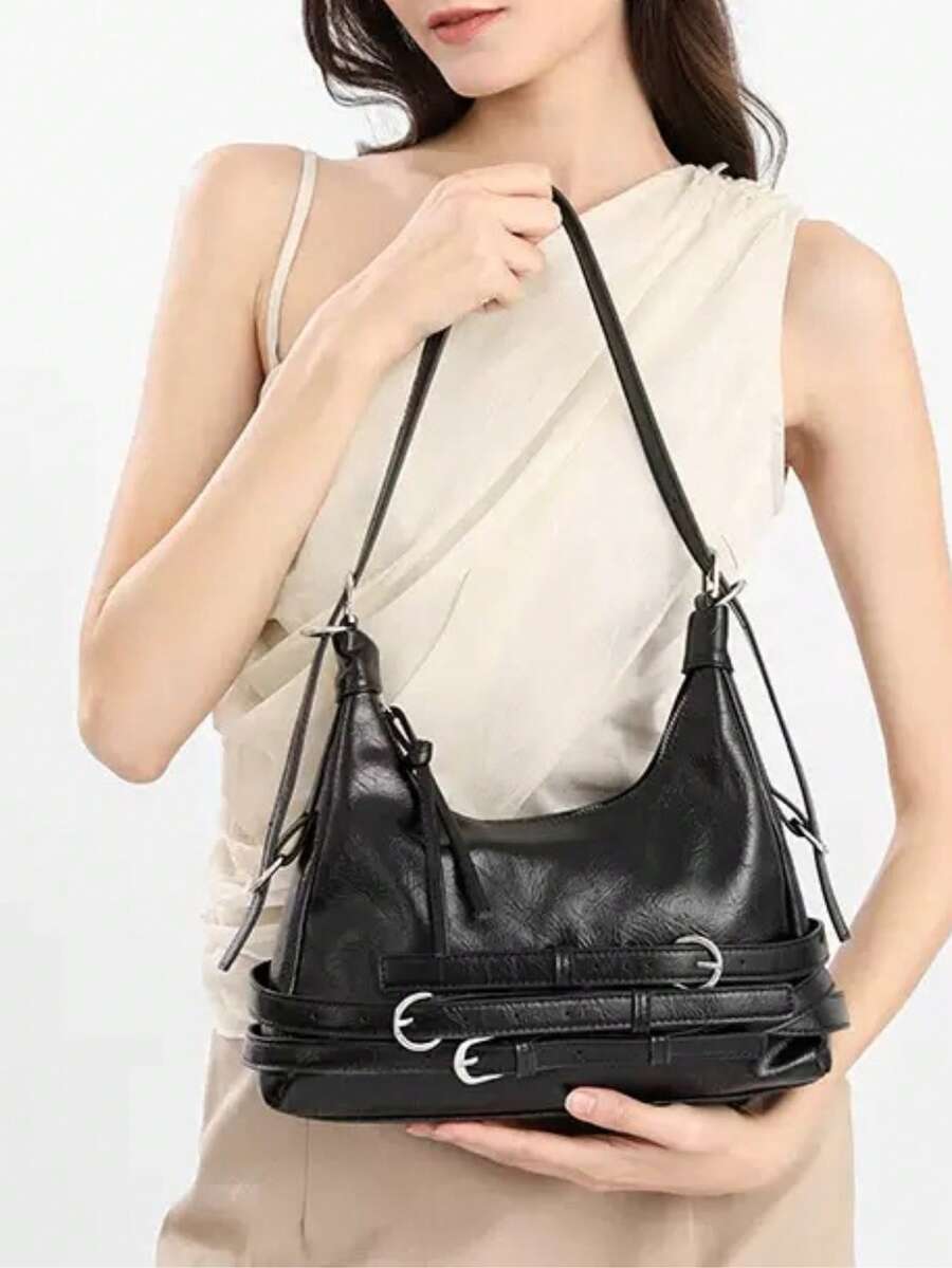 Women Leather Shoulder Bag Vintage Shoulder Bag Punk Handbag - 黑色 - 查看 1