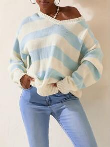 Women's Fall Striped Sweater Drop Shoulder Long Sleeve V-Neck Loose Knitted Tops