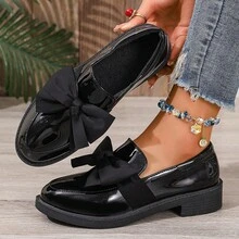 女士时尚蝴蝶结装饰乐福鞋 - 透气天鹅绒一脚蹬鞋，厚底适合所有季节