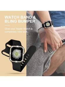 Set de 2 piezas Correa de reloj deportiva suave y cómoda de silicona para mujer con decoración de cristales de Bling y carcasa hueca glamorosa anti-caída, compatible con bandas de de 40/41/42/44/45/46/49mm, para Apple Watch Series Ultra/SE/11/10/9/8/7/6/5/4, accesorios inteligentes para relojes - Negro (sin reloj) - Ver 5