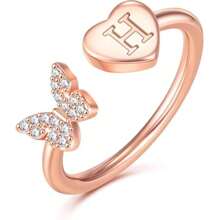 TUANZISP 1pc Elegant Copper Butterfly Heart Letter Ring, Adjustable Personalized Initial A-Z Rings, Fashionable & Casual Jewelry Gift For Women