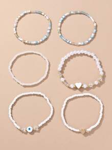 6pcs/Set Girls' Heart Shaped Bead Mixed Color Charm Bracelets