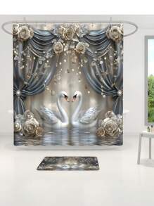 1 pièce/4 pièces Rideau de douche décoratif avec cygne gris sur scène, avec crochets multiples. Ensemble de salle de bain comprenant le rideau de douche, le tapis de sol antidérapant, le tapis en U pour toilette, le tapis de couvercle de toilette, la décoration de chambre, la décoration de la maison, la décoration et les accessoires de salle de bain, un cadeau parfait pour la rentrée scolaire