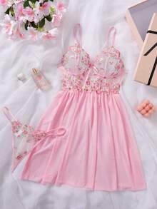 Women Solid Color Mesh Contrast Lace Sheer Sexy Slip Dress, Rave - Pink - View 3