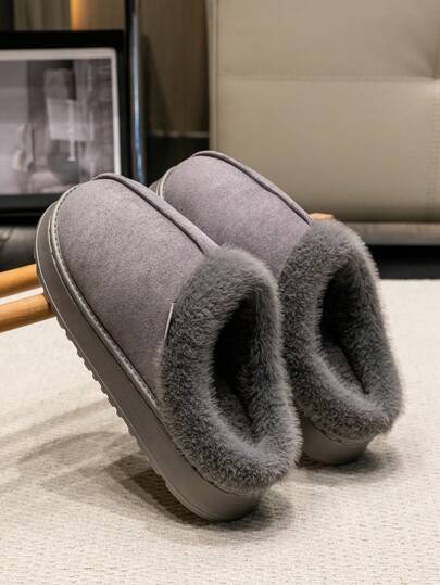 Men's Furry Autumn/Winter Slippers - Comfortable Minimalist Thick Sole, Plush Warm Indoor Shoes