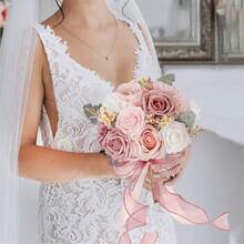 Bridal Bouquet, Elegant Artificial Flower Bouquet Fake Flowers Bouquet Wedding Supplies - 淺粉色 - 查看 3