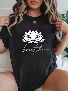 Womens Lotus Flower Line Art Summer Breathe Meditation Yoga Blossom O-Neck Printed T-Shirt Short-Sleeved Crew Neck Casual Top Suitable For All Seasons Women's Wear - 黑色 - 查看 1