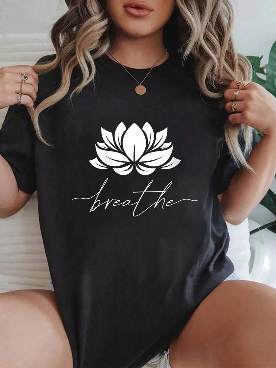 Womens Lotus Flower Line Art Summer Breathe Meditation Yoga Blossom O-Neck Printed T-Shirt Short-Sleeved Crew Neck Casual Top Suitable For All Seasons Women's Wear - 黑色 - 查看 1