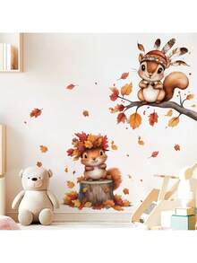 1 件儿童房墙贴 | 卡通树枝动物贴纸 | 俏皮松鼠狮子图案 | 可移除育儿室装饰 | 易撕粘贴卧室墙贴 - 彩色 - 查看 8