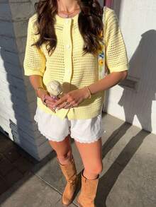 FOR BEAUTY Summer New Round Neck Short Sleeve Knit Cardigan, Women Loose Hollow Thin Button Cream Yellow Top, Casual Versatile, Suitable For Street Shopping And New Year Wear - Yellow - View 3