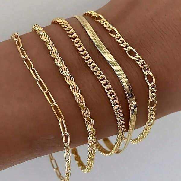 5pcs Bohemian Minimalist Hand Jewelry  Metal Chain Set Multi-Layered Chain Minimalist Bracelet For Women