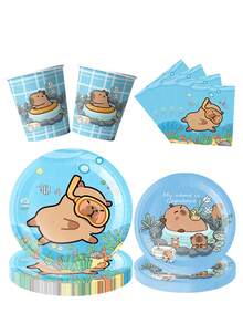 10 件水豚生日派对装饰 - 可爱卡通水豚派对餐具套装包括一次性纸盘和餐巾，男女生日派对装饰用品，适合夏季海滩派对、家庭泳池派对、户外派对，