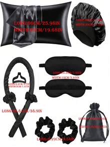 10-delars set med hårstylingverktyg för sömn, locktång, 1 sidenörngott för hår och hud, Queen-set, värmefritt locktångsset för siden, locktång för natten, 1 mjuk ögonmask för sömn, 1 nattmössa för sömn, set med nödvändiga sömnverktyg - Svart - Visa 10