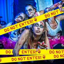 Halloween Caution Tape With Bloody Handprints - 82ft Plastic Warning Ribbon For Horror Theme Party Decoration, Barrier, Zombie Scare Accessory,  For Kids, Water-Resistant, 14+ Years