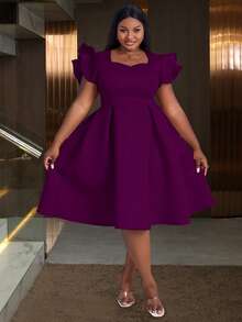 Plus Size Women's Sweetheart Collar Cap Sleeve Ruched Swing Birthday Party Graduation Outfit Dresses For Birthday, Wedding Guest, Graduation, Dinner, Homecoming Elegant Summer - 中紫紅色 - 查看 3