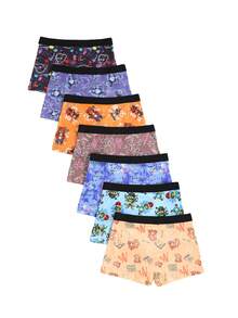 7pcs Assorted Boys' Cartoon Bear & Skateboard Printed Boxer Briefs, Street-Style, Very Soft & Comfortable, Suitable For 8-12 Years