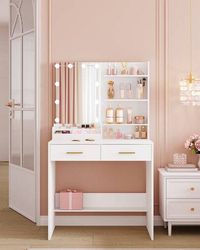 HEXCELEN Dressing Table With LED Lighting, Adjustable Brightness, Vanity Desk With Mirror, Dresser With 2 Drawers, 4 Open Shelves And 2 Compartments, Bedroom, Living Room, White