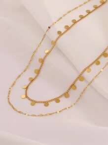 1pc Stainless Steel Round Tassel Pendant Necklace For Women Fashion Gold Color Double Layers Chain Necklace Jewelry Gift