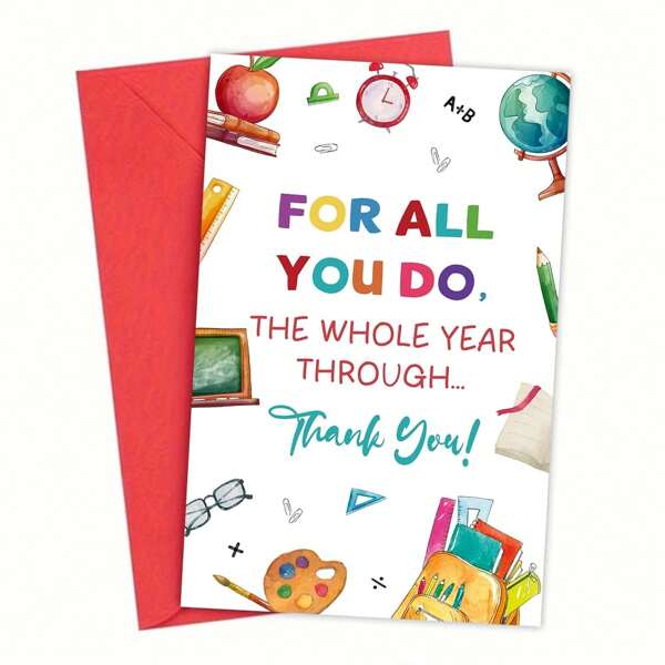 1PC Cute Teacher Appreciate Card, End Of Year Teacher Thank You Card, Thanks For Teachers, Cartoon Design, Quality Envelope, Graduation Party Gift