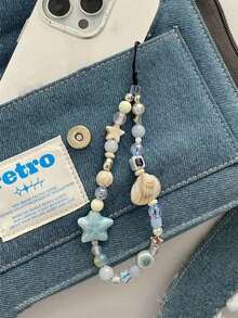 1pc Blue Star Shell Beaded Phone Strap, Lovely Charm Chain Lanyard, Keychain, Camera Strap, Phone Case Decor, Women's Backpack Pendant Gifts For Mother, Family, Friends, Birthday, Holiday Phone Charm, Phone Chain - Blue - View 10