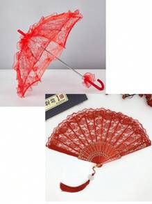 2 Stücke Hochzeits-Braut-Dekorations-Set: Spitzen-Regenschirm & Spitzen-Fächer Set, Vintage europäischer Stil Braut-Hochzeitsregenschirm, Outdoor-Hochzeitsdekoration Sonnenschirm & Fächer, perfektes Geschenk