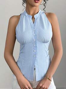 蓝白条纹无袖荷叶边腰商务休闲修身女士衬衫
