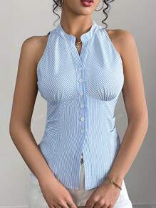 Blue & White Striped Sleeveless Ruffle Waist Business Casual Slim Fit Blouse For Women