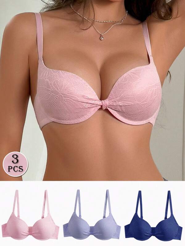 Sutiã 3cps Feminino Romântico Sólido Floral Renda Microfibra Laço Macio Copa Aço Suporte Push Up Sexy Com Aro Mergulho Instantlift Sutiãs