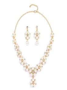 Conjunto de 3 piezas con collar con perlas falsas, rhinestones y flores, y pendientes con cuentas, apropiado para banquetes, fiestas, vestidos de novia y uso de joyería de mujer
