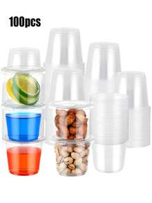 Juego de 100 vasos de plástico de 5.5 onzas con tapas, pequeños recipientes de plástico apilables y transparentes, tazas herméticas para condimentos, mini despensa para salsas, aderezos para ensaladas y porciones, temporada de regreso a la escuela, tazas para condimentos para almuerzos, picnics y viajes, perfectos, prácticos recipientes de almacenamiento de alimentos - transparente - Ver 13