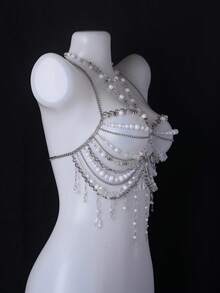 Unisex Sexy Body Chain, Pearl Necklace Lingerie, Alluring Exotic Transparent Bra Decor, Suitable For Party, Holiday, Nightclub, Music Festival - A - 查看 8