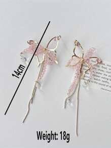 1 Pair Pink Crystal Butterfly Tassel Long Earrings, Unique Design Elegant Everyday Accessory