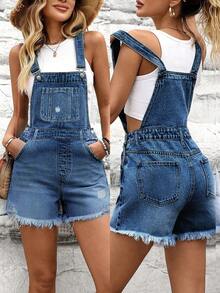 Peto vaquero de ajuste holgado con efecto desgastado y bajo sin acabar, en estilo casual europeo y americano, para mujeres, para primavera/verano