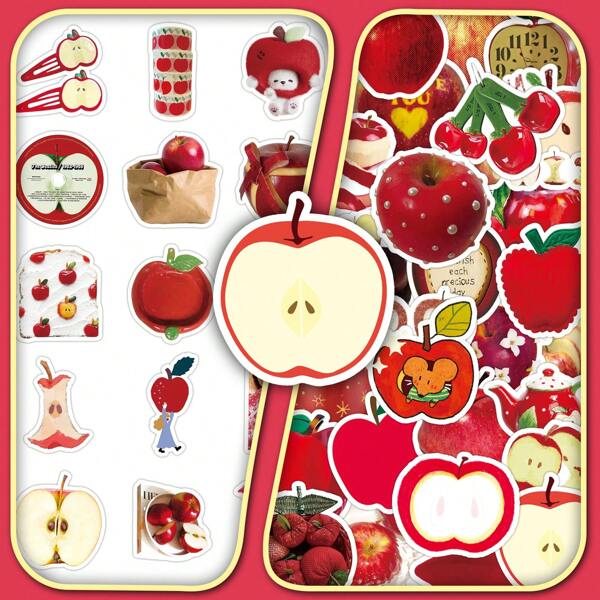 50pcs Red Apple-Style Fresh & Simple Creative Decorative Stickers For Audio Speakers, Desks And Stationery, In Korean Style, School Supplies,Back To School