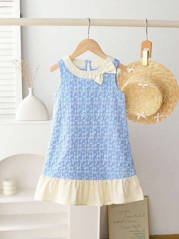 Young Girl Floral Jacquard Faux Pearl Ruffle Hem Sleeveless Dress
