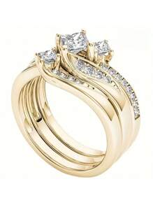 Set de 3 anillos de moda exquisitos de color dorado - Regalo de aniversario, conjunto de joyería nupcial, de compromiso y de boda