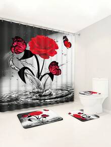 1pc/4pcs Red Falling Rose Flower Shower Curtain Decoration, Beautiful Housewarming Gift Modern Home Decoration, Waterproof Shower Curtain And Toilet Floor Mat Three Pieces Set Comes With 12 Shower Curtain Hooks Back To School - Multicolor - View 5