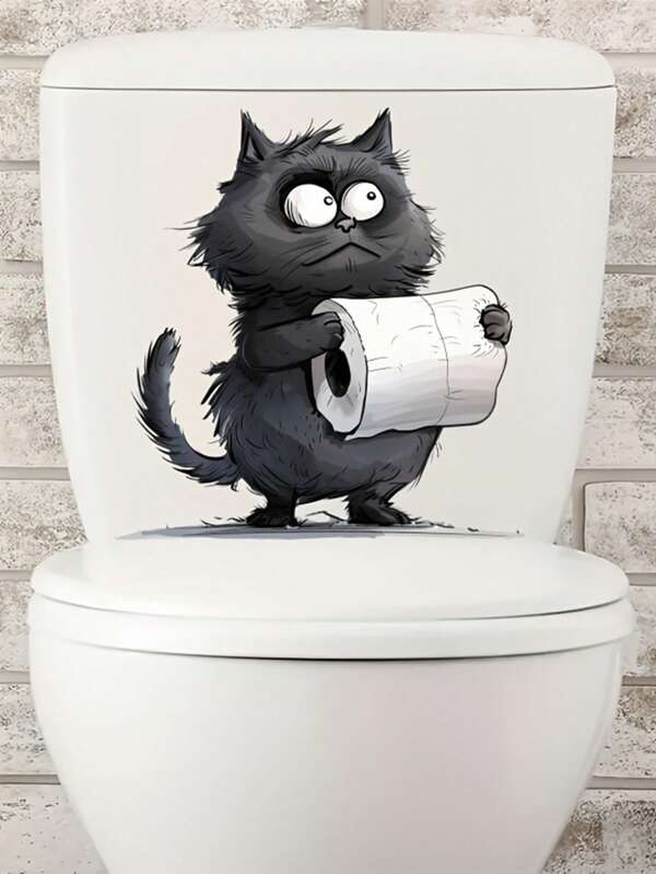 1pc Adorable Black Cat Toilet Stickers With Toilet Paper Design PVC Self-Adhesive Ceramic Sticker 9.84*11.61in For Bathroom Tank & Toilet Seat Fun & Playful Animal Print Wall Stickers For Home Decor Bathroom Decor